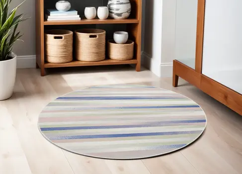 5' Ivory Tan and Blue Striped Round Rug