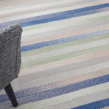 5' Ivory Tan and Blue Striped Round Rug