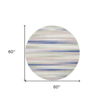 5' Ivory Tan and Blue Striped Round Rug