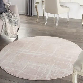 5' Pink and Ivory Abstract Geometric Round Rug