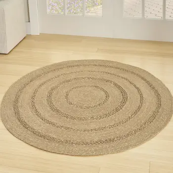 5' Natural And Brown Round Handmade Indoor Outdoor Area Rug