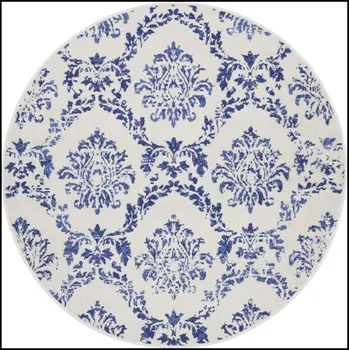 5' Ivory and Navy Blue Damask Distressed Round Rug