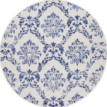 5' Ivory and Navy Blue Damask Distressed Round Rug