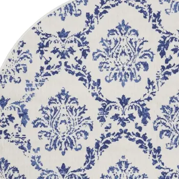 5' Ivory and Navy Blue Damask Distressed Round Rug