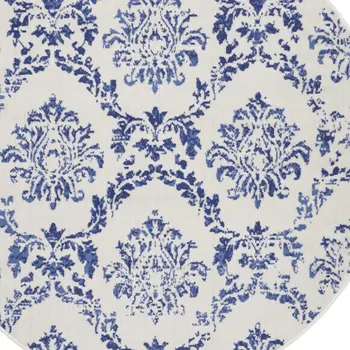 5' Ivory and Navy Blue Damask Distressed Round Rug