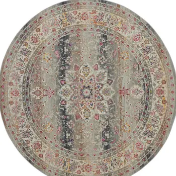 4' Ivory Brown And Gray Floral Distressed Round Rug