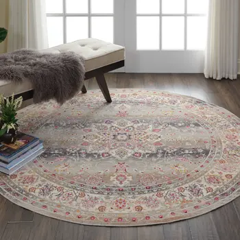4' Ivory Brown And Gray Floral Distressed Round Rug