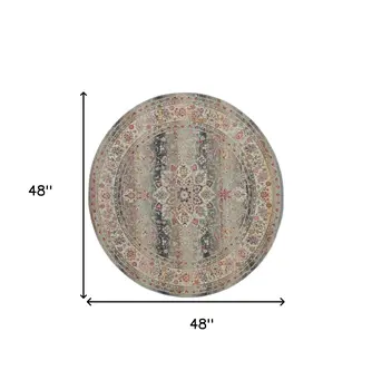 4' Ivory Brown And Gray Floral Distressed Round Rug