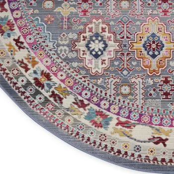 4' Ivory Pink And Gray Floral Distressed Round Rug
