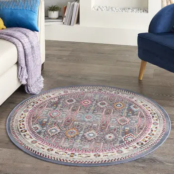 4' Ivory Pink And Gray Floral Distressed Round Rug