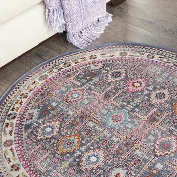 4' Ivory Pink And Gray Floral Distressed Round Rug