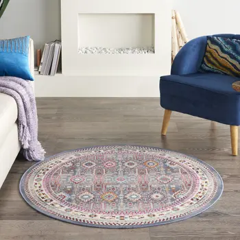 4' Ivory Pink And Gray Floral Distressed Round Rug