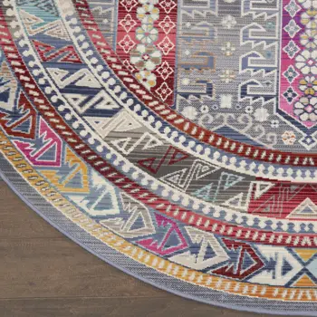 4' Ivory Gray And Red Floral Distressed Round Rug
