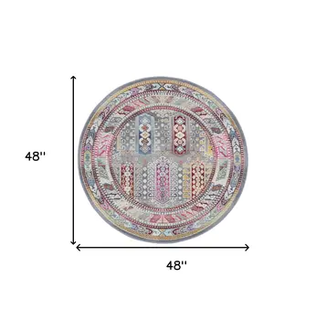 4' Ivory Gray And Red Floral Distressed Round Rug