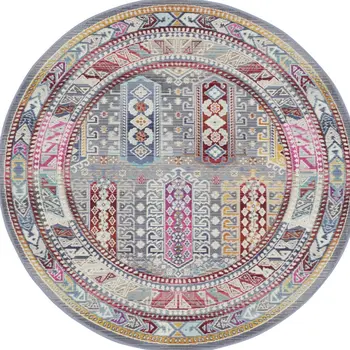4' Ivory Gray And Red Floral Distressed Round Rug