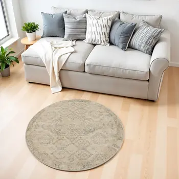 4' Beige And Gray Oriental Distressed Round Rug