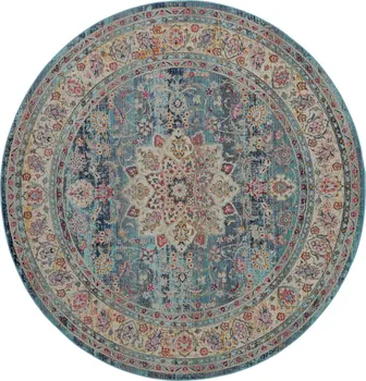 4' Blue And Beige Floral Distressed Round Rug