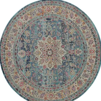 4' Blue And Beige Floral Distressed Round Rug