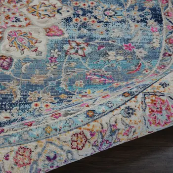 4' Blue And Beige Floral Distressed Round Rug