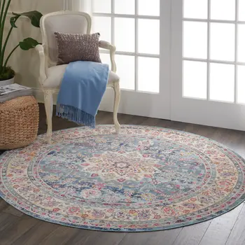 4' Blue And Beige Floral Distressed Round Rug