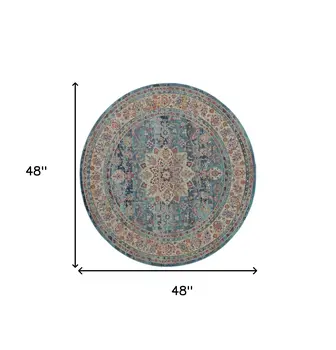 4' Blue And Beige Floral Distressed Round Rug