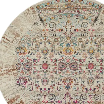 4' Blue Red And Orange Floral Distressed Round Rug