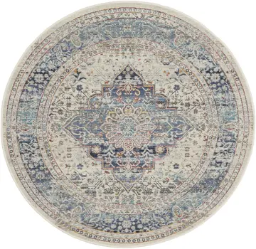 4' Ivory Blue And Orange Floral Distressed Round Rug