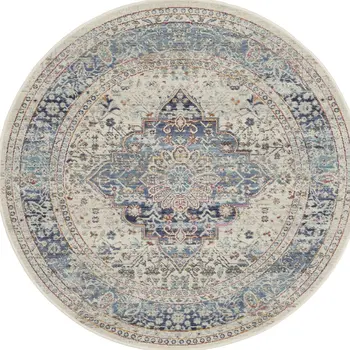 4' Ivory Blue And Orange Floral Distressed Round Rug