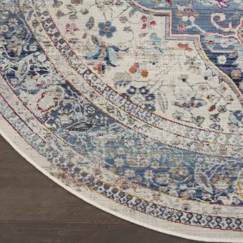 4' Ivory Blue And Orange Floral Distressed Round Rug