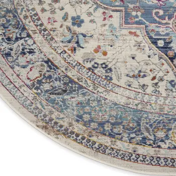 4' Ivory Blue And Orange Floral Distressed Round Rug