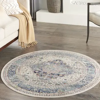 4' Ivory Blue And Orange Floral Distressed Round Rug