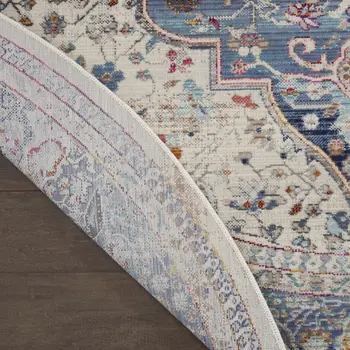 4' Ivory Blue And Orange Floral Distressed Round Rug