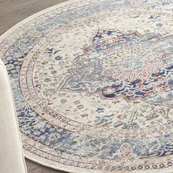 4' Ivory Blue And Orange Floral Distressed Round Rug