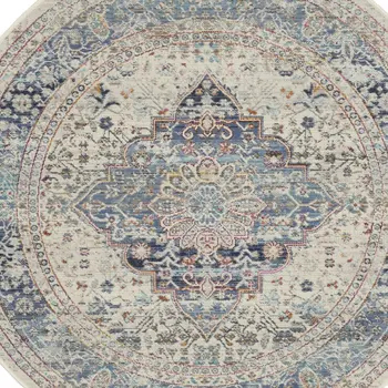 4' Ivory Blue And Orange Floral Distressed Round Rug