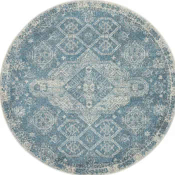 4' Ivory and Light Blue Oriental Distressed Round Rug