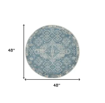 4' Ivory and Light Blue Oriental Distressed Round Rug