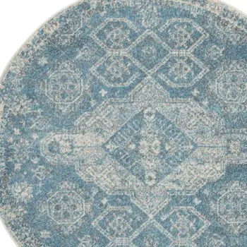 4' Ivory and Light Blue Oriental Distressed Round Rug