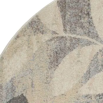 4' Ivory Gray And Blue Botanical Leaves Round Rug