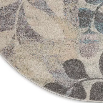 4' Ivory Gray And Blue Botanical Leaves Round Rug