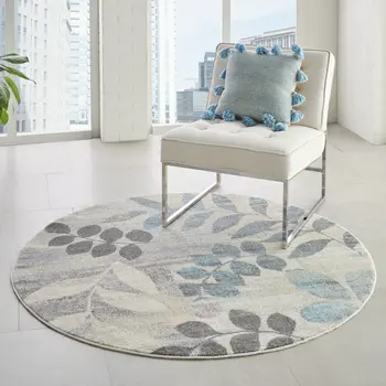 4' Ivory Gray And Blue Botanical Leaves Round Rug