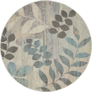 4' Ivory Gray And Blue Botanical Leaves Round Rug