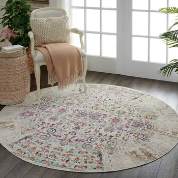 4' Ivory And Brown Floral Distressed Round Rug