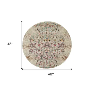 4' Ivory And Brown Floral Distressed Round Rug