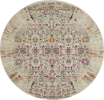 4' Ivory And Brown Floral Distressed Round Rug