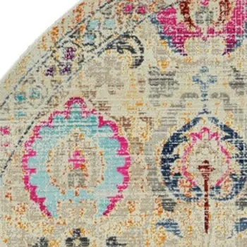 4' Ivory Pink And Orange Floral Distressed Round Rug