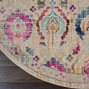 4' Ivory Pink And Orange Floral Distressed Round Rug