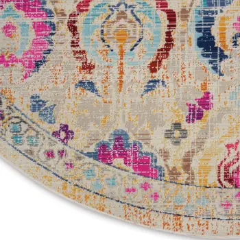 4' Ivory Pink And Orange Floral Distressed Round Rug