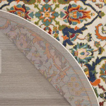 4' Ivory and Blue Round Floral Power Loom Area Rug
