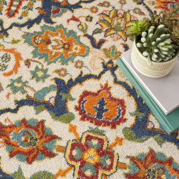 4' Ivory Blue And Yellow Floral Round Rug