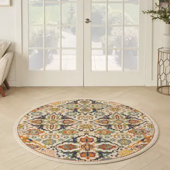 4' Ivory Blue And Yellow Floral Round Rug